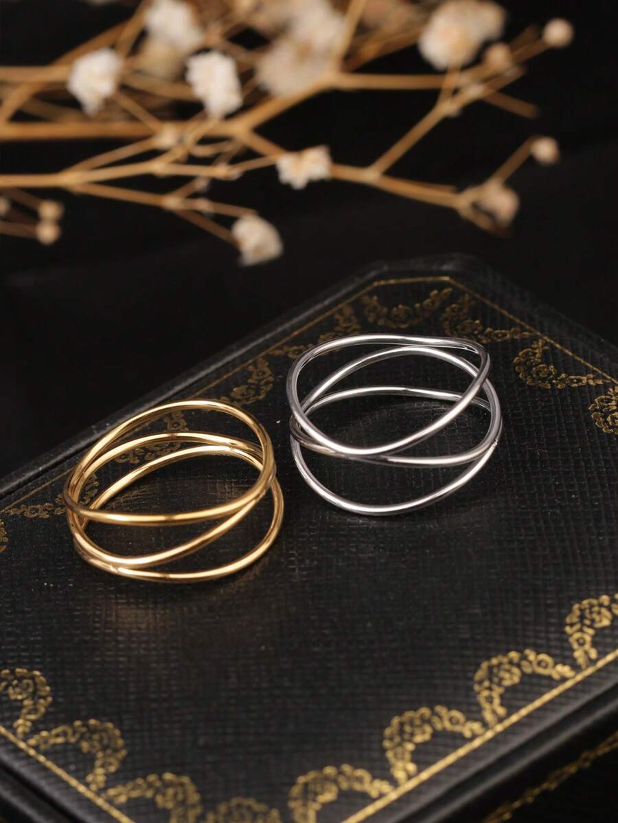1 chiếc nhẫn quấn dệt nhiều lớp, màu vàng và bạc, phong cách cá nhân thời trang, thích hợp để phụ nữ đeo hàng ngày và làm quà tặng/dự tiệc - Nhẫn đường nét tinh tế đan xen ba lớp - Xem 1