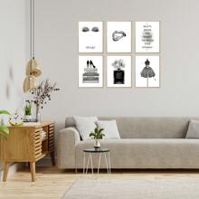 6pc Unframed Fashion Wall Art Prints Silver Grey Room Decor Glitter Black Dress Wall Decor Art Posters Books  Perfume Bottle Bite Lips Eye Shadow MakeupGirls Room Pictures For Bedroom - Mixed Black - View 3