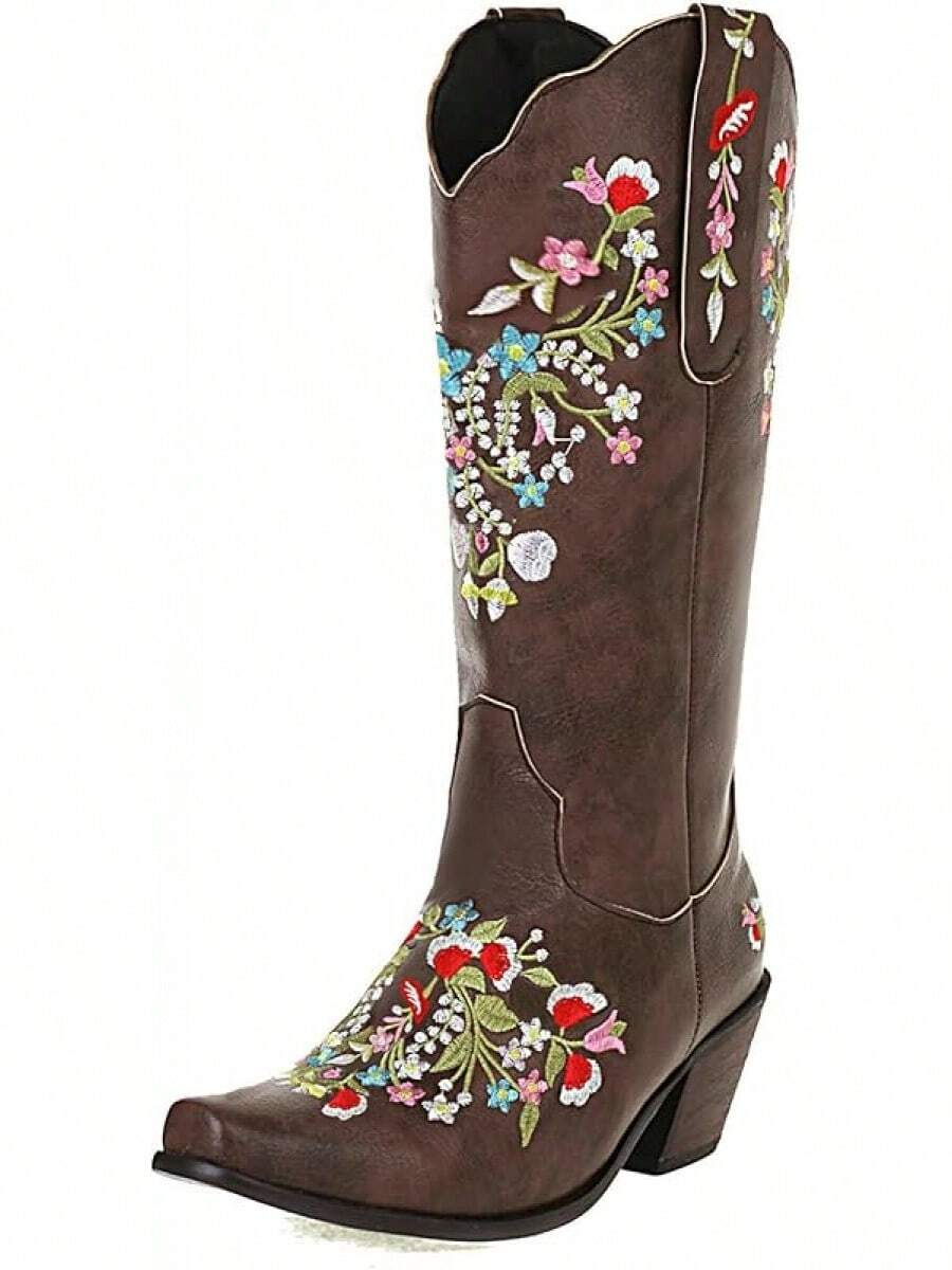 Alsoloveu Women's Embroidered Cowboy Boots - Western Snip Toe, Chunky Heel, Mid Calf, Pull-On - View #5