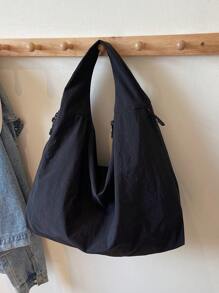 2026春夏新款黑色尼龙布包，大容量纯色单肩包，休闲日式布包，多功能大学生书包，简约时尚手提包，短途旅行包，双拉链侧袋，月牙形 - 黑色 - 查看 8