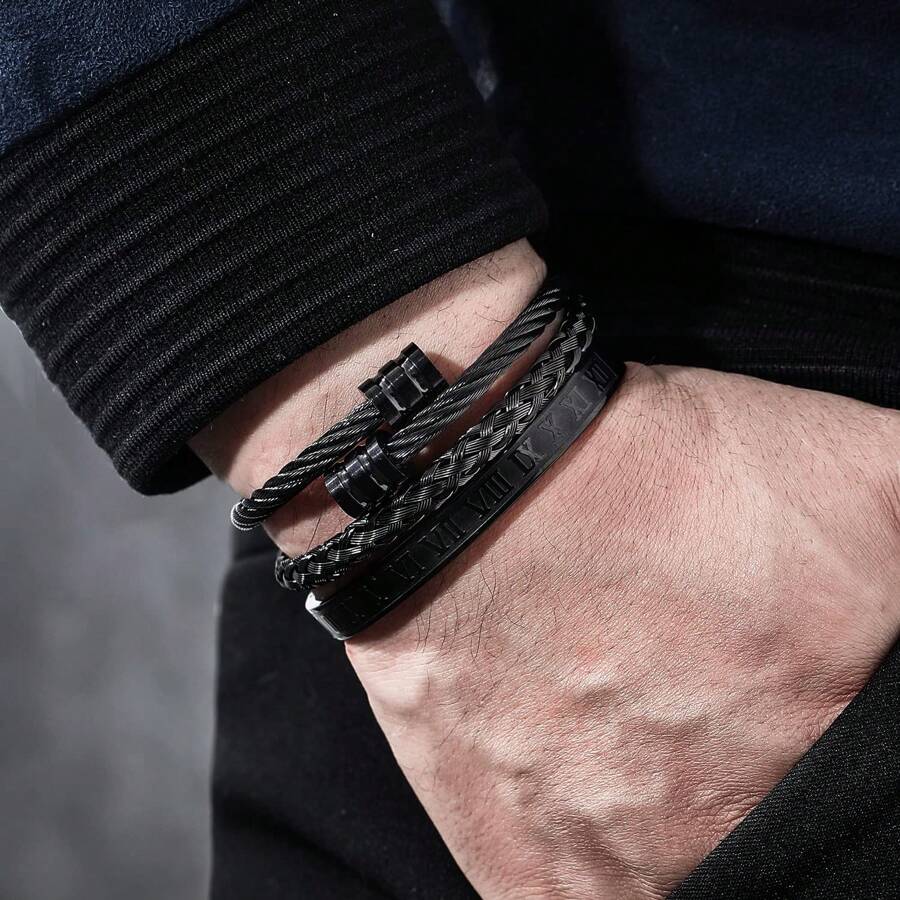 3Pcs Minimalist Stainless Steel Bracelets For Men Gold Roman Numeral Bangle Bracelet Twisted Cable Bracelet Adjustable Cuff Bracelet Mens Luxury Jewelry Bracelets Gifts - 黑色 - 查看 1