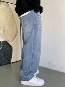 Men's Retro Versatile Loose Straight Leg Jeans - Casual Denim, Non Stretch Fabric, Zippered Crotch, Machine Washable, Suitable For All Seasons - 藍色 - 查看 3