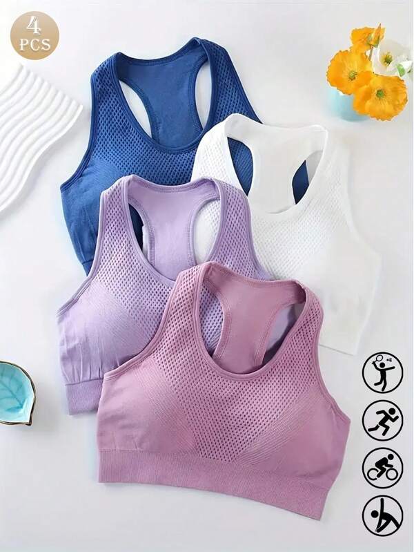Pacote com 4 peças de camisola esportiva sem costura feminina, roupa íntima versátil e confortável para atividades ao ar livre