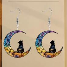A Set Of 4 Pairs Of Unique And Dreamy Crescent Moon Cat Earrings, With Colorful Patterns That Blend Starry - Sky And Flower Elements