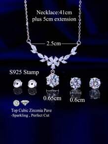 1 Set de joyas de plata de ley 925 auténtica con cúbicos de zirconia brillantes incrustados en forma de flor y hoja, incluyendo collar colgante y pendientes, regalos para bodas, compromisos, fiestas nupciales y festivales para mujeres