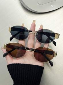 1pc/2pcs/3pcs/6pcs Oval Fashion INS Street Style Retro Sunglasses UV Protection Metal Frame Black Sunglasses With Travel Beach Accessories, Women - Multicolor - View 19