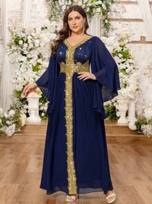 Đầm cỡ lớn cổ chữ V đính sequin, ren hoa, tay áo choàng phối màu tương phản, chất liệu chiffon, thích hợp cho dạ hội, tiệc cưới, ngày lễ tình nhân, tiệc trang trọng, phù hợp cho các dịp như sinh nhật, dạ hội, tiệc tùng mùa xuân. - Màu xanh hải quân - Xem 5