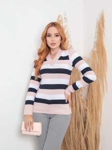 Women's Cold Weather Blouse | Women's Striped Long Sleeve Blouse | Striped V-Neck Blouse | Stripes - 乾枯玫瑰色 - 查看 7
