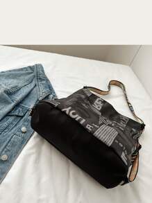 复古牛津布字母印花托特包，双肩背或单肩，大容量，时尚休闲，可折叠，适合男女上学/度假，情侣礼物，情人节 - 灰色 - 查看 8