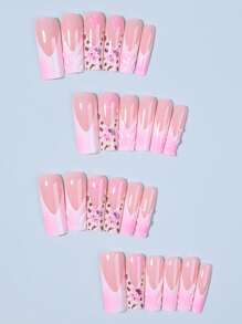 24Pcs Long Square 3D Gelnail Makes French Tip Press On Nails Gelnail Flower With Acrylic Fake Nail Set,Contain 1pc Jelly Glue And 1pc Nail File,Easy To Wear Summer Nails & French Tip Nails Art For Woman & Girl Daily Wear Rave Party Use