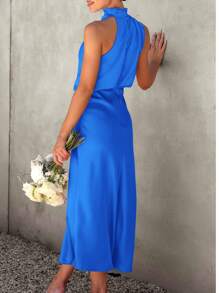 Women's Summer Satin Dress Elegant Sleeveless Fake Neckline Graduation Cocktail Party Maxi Dresses - 艷藍色 - 查看 2