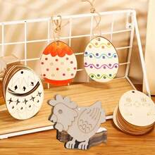 10Pcs Random Style Easter Wooden Eggs, DIY Graffiti Painted Wooden Pendant For Room, Party, Patio Decoration Crafts Free Lanyard