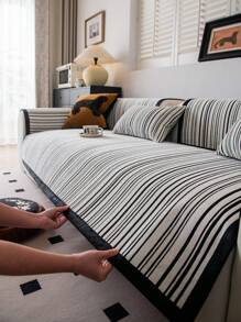 1pc Modern Striped Chenille Sofa Slipcover, Pet-Friendly Fleece Couch Protector, Non-Slip Polyester Cover For Armchair To Sectional Sofas, Machine Washable, 300-350gsm - Ideal For Pets And Youngsters, Couch Cover For Dogs