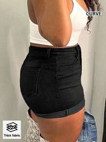 European And American Cross-Border Daily Versatile Simple Stretch Jeans Rolled Hem Shorts Plus Size Denim Shorts - Black - View 2