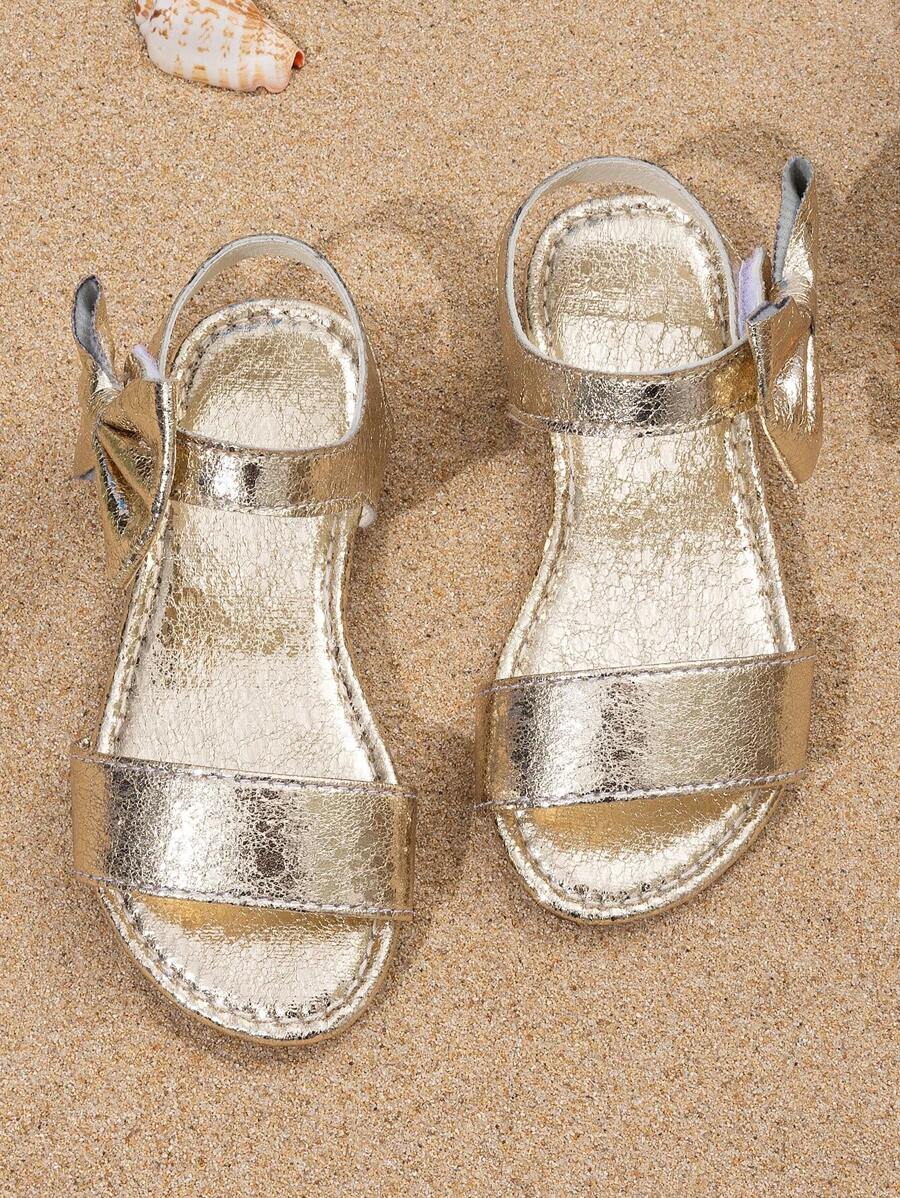 Sandalias de moda de verano para niños, con decoración de lazo, punta redonda plana, calzado casual para playa, adecuado para uso diario de niñas al aire libre