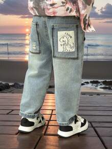 Young Boys' Spring Cartoon Print Denim Jeans - Blue - View 2