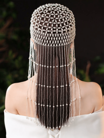 1pc Women Vintage Handmade Hollow-Out Decorative Headband With Pearl Tassel, Elegant Style For Photoshoot, Bridal, Stage Performance
