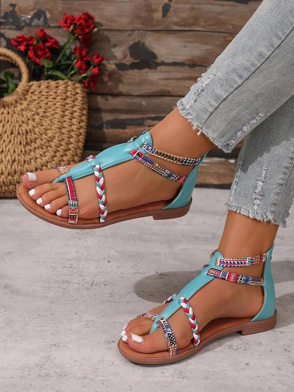 Sandalias planas para mujer para verano - Correas trenzadas de colores, diseño de punta abierta, decoración de multicintas, estilo casual elegante, uso diario, multicolor, piel sintética (color aleatorio)