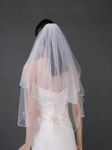 1pc White Waist & Hip Veil With Multi-Layer Handmade Beaded Embroidered Details, Water-Drop Rhinestone Design, Bridal Veil, Dual-Layer Net Veil With Bead Headpiece, Suitable For Wedding, Banquet, Performance, Cosplay, Photography Props, Elegant Retro Style With Comb Fall Clothes For Women - Multicolor - View 5