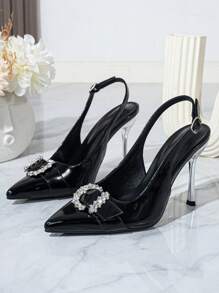 Women's Pointed Toe High Heel Pumps, Black Patent Leather With Gold Rhinestone Decoration, Slingback Stylish Formal Shoes For Social Occasions