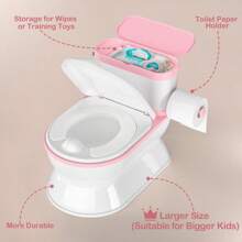 2-In-1 Realistic Toddler Flushing Potty Trainer,Large Potty Chair With Detachable Seat,, Wipes Storage & Toilet Paper Holder - Pink - View 2