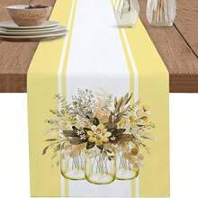 1Pc Table Runner For Kitchen Dinner Holiday Birthday Wedding Party Decor, Spring Flower Arrangement Stripes Yellow Washable Seasonal Table Center Decor Runner