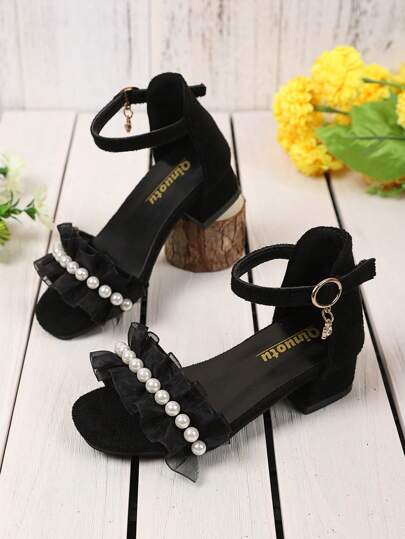 1 Pair Black Plus Size Toddler Girls High Heel Sandals, Glittering Pearl Decor, Velvet PU Mesh Strap, Buckle Closure, Square Toe Chunky Heel, Open Toe, Fashion Elegant Roman Sandals For Girls 3-15 Years Old, Spring/Summer New Arrival 2025