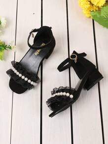 1 Pair Black Plus Size Toddler/Little Girls' Glittery Faux Pearl Decor Velvet PU Mesh Backstrap Strap Buckle Open Toe Chunky Heel Sandals, Suitable For 3-15 Years Old Girls, Daily, Casual, Holiday, Party, Spring/Summer 2026 - Black - View 4