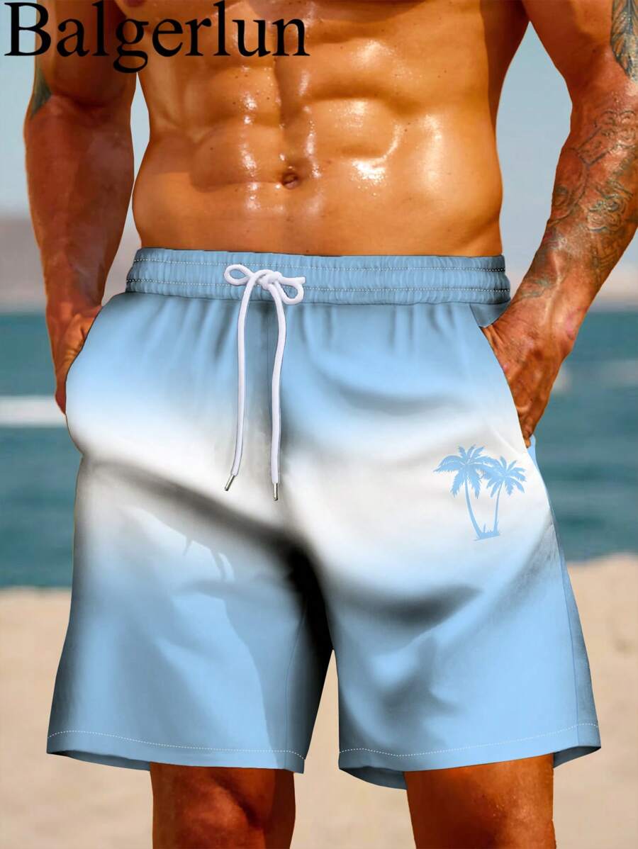 Men's Hawaii Coconut Tree Blue Art Pattern 3D Digital Print Black Casual Daily Holiday Thin Drawstring Beach Shorts - Multicolor - View 1
