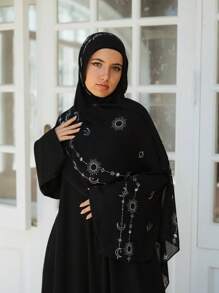 1pc Women's Retro Wave Hijab, Elegant Chinese Ink Painting Pattern Printed Scarf, Suitable For Daily Wear, Beach Cover Up - Black - View 3