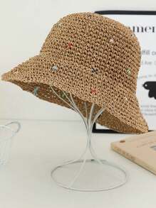 1pc Women's Handmade Straw Sun Hat, Foldable Wide Brim Bucket Hat For Outdoor, Beach, Vacation