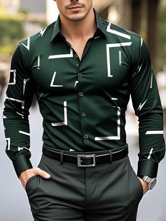 Men's Dark Green Long Sleeve Button Down Collar Formal Dress Shirt, Geometric Pattern Design Suitable For Spring, Summer, Autumn, Business Office Daily Wear, Suitable For Office, Business And Formal Occasions, Fall