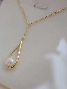 1pc S925 Sterling Silver Plated Gold Teardrop Pearl Necklace, Vintage Pendant Minimalist Clavicle Chain For Women - Yellow Gold - View 2