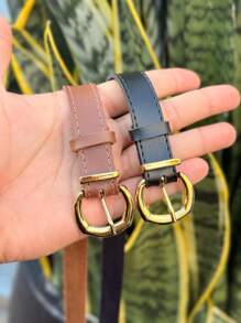 Kit 2 Women's Fine Belts With Metallic Gold Buckle In Minimalist Synthetic Leather 2093 - Black and Caramel - View 1