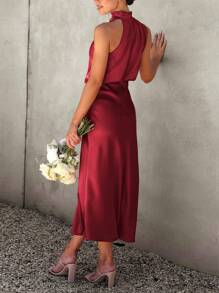 Women's Summer Satin Dress Elegant Sleeveless Fake Neckline Cocktail Gown - Rượu vang đỏ sẫm - Xem 2
