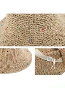 1pc Women's Handmade Straw Sun Hat, Foldable Wide Brim Bucket Hat For Outdoor, Beach, Vacation