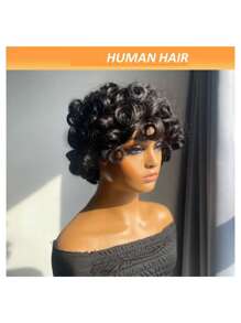 8-calowa krótka peruka Bob Curly z grzywką, peruka z ludzkich włosów Pixie Cut, sprężyste , do noszenia przez kobiety, brazylijskie włosy, bez koronki, peruka z przodu wykonana maszynowo, 8 cali