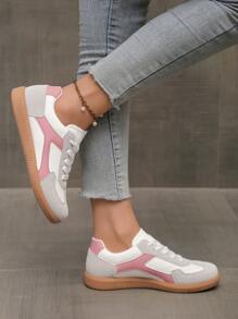 Dames platte schoenen met vetersluiting, ronde neus, kleurblokontwerp in roze, blauw, zwart, comfortabele sportschoenen voor casual, werk, uitgaan, lente/herfst