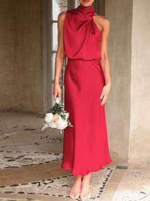Women's Summer Satin Dress Elegant Sleeveless Fake Neckline Cocktail Gown - màu đỏ tươi - Xem 4