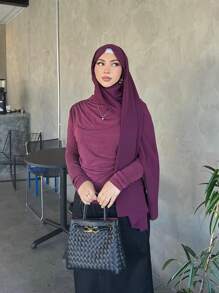 1pc Women's Muslim Hijab, Solid Color Chiffon Scarf, Suitable For All Seasons Daily Wear - Purple - View 4