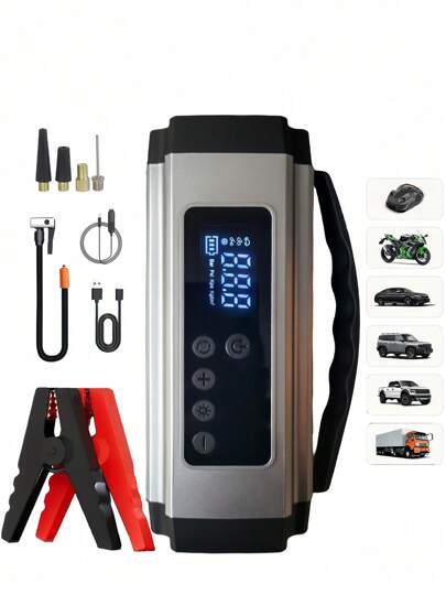 3000A Portable Jump Starter With Air Compressor – 12V Battery Booster For , LED Light, Fast Charging USB Output, Multiple Safety Protections, Includes Jumper Cables, Air Pump, And Car Adapter
