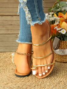 女士新款夏季编织串珠碎花纹理平底凉鞋，防滑鞋底，露趾系带休闲鞋，图案随机