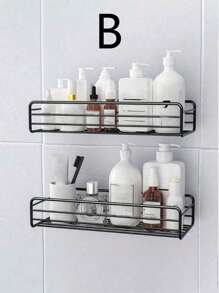 1pc Wall Mounted Punch-Free Bathroom Storage Rack,Shower Caddy Shelf, Bathroom Shower Rack, Stainless Steel Suction Cup Toilet Rack, Toilet Organizer Rack - Black - View 10