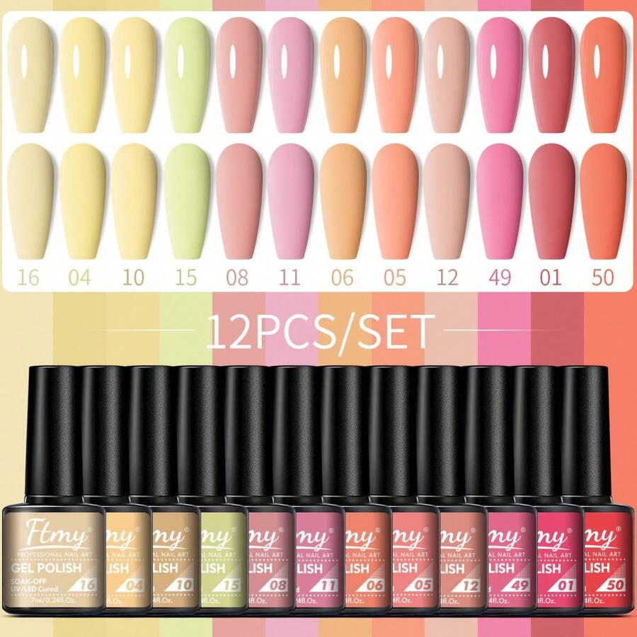 Ftmy 12件套凝胶指甲油套装 - 12色凝胶指甲油底油、免擦拭封层、哑光亮面指甲油套装，女士礼物 - 彩色 - 查看 1