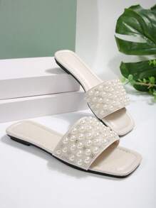 Nuevos zuecos y sandalias de playa/resort para mujer de talla grande, de lujo, antideslizantes, con punta cuadrada, decorados con rhinestones y perlas falsas, versátiles para looks de verano - Beis - Ver 7