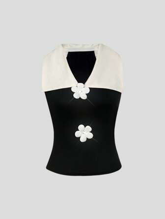 Keke Bloomly 新款黑白优雅时尚别致玫瑰花装饰迷人修身女士吊带背心，适合情人节穿着