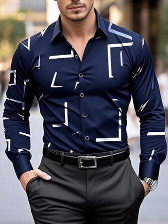 Navy Blue Long Sleeve Button Down Collar Dress Shirt For Men, Geometric Pattern Design Suitable For Business, Office, Casual And Formal Occasions In Spring, Summer, Autumn, Fall
