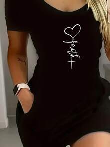 女士性感爱心图案短袖迷你裙，适合夏季穿着 - 黑色 - 查看 2
