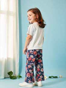 2pcs/Set Girls Heart Pattern Sets - Butterfly Graphic T-Shirt And Floral Print Pants, Suitable For Little Girls Spring/Summer Outfit - White - View 3