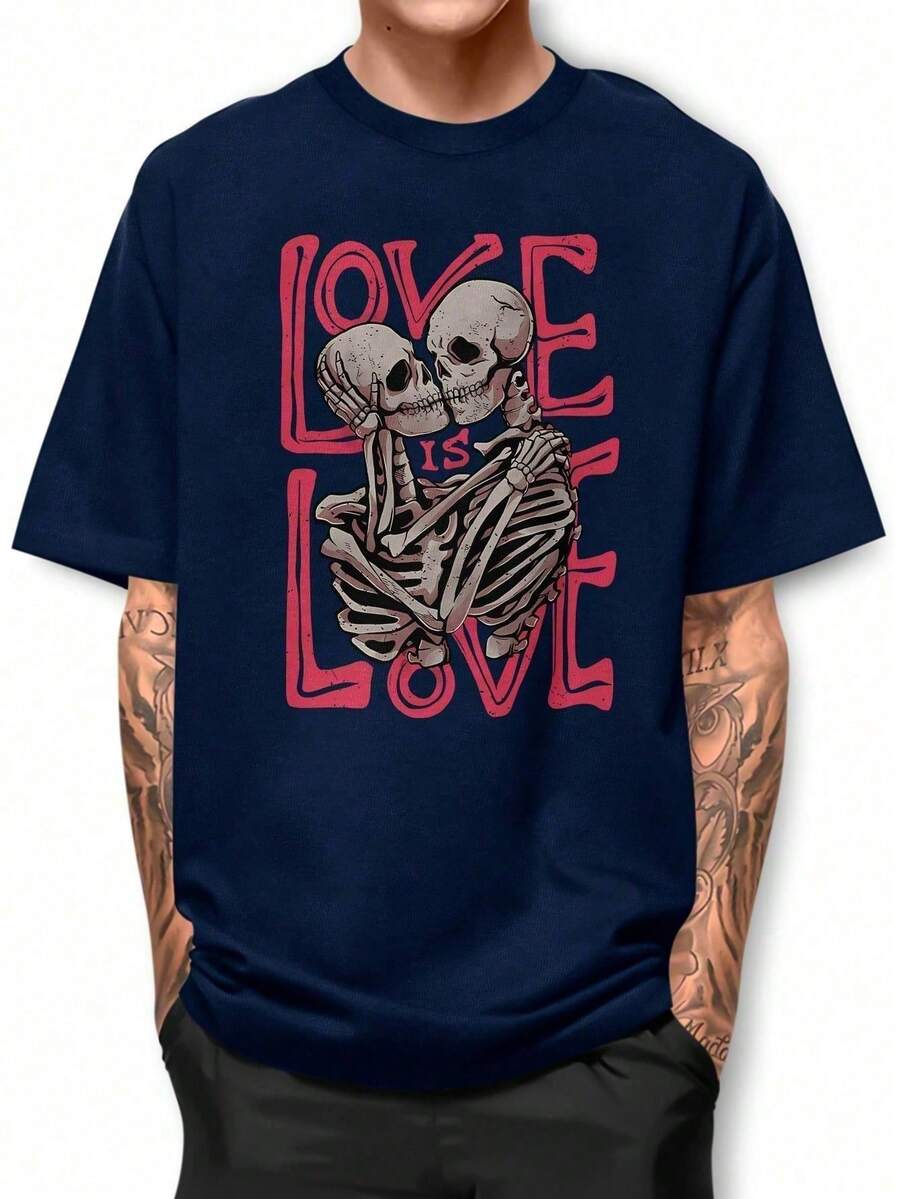 Camiseta LOVE IS LOVE SKULL Camisa De Algodao Gola Redonda BPJ2 Envio imediato - Azul Marinho - Visão 1